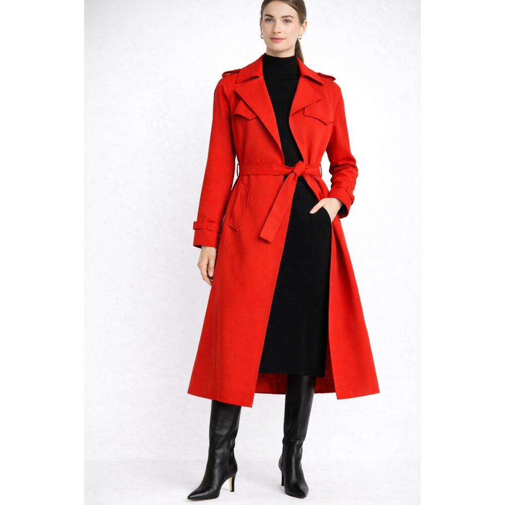 Maje Goldie Trench Coat Small EU 36 Red Belted Long Midi Epauletes Pockets